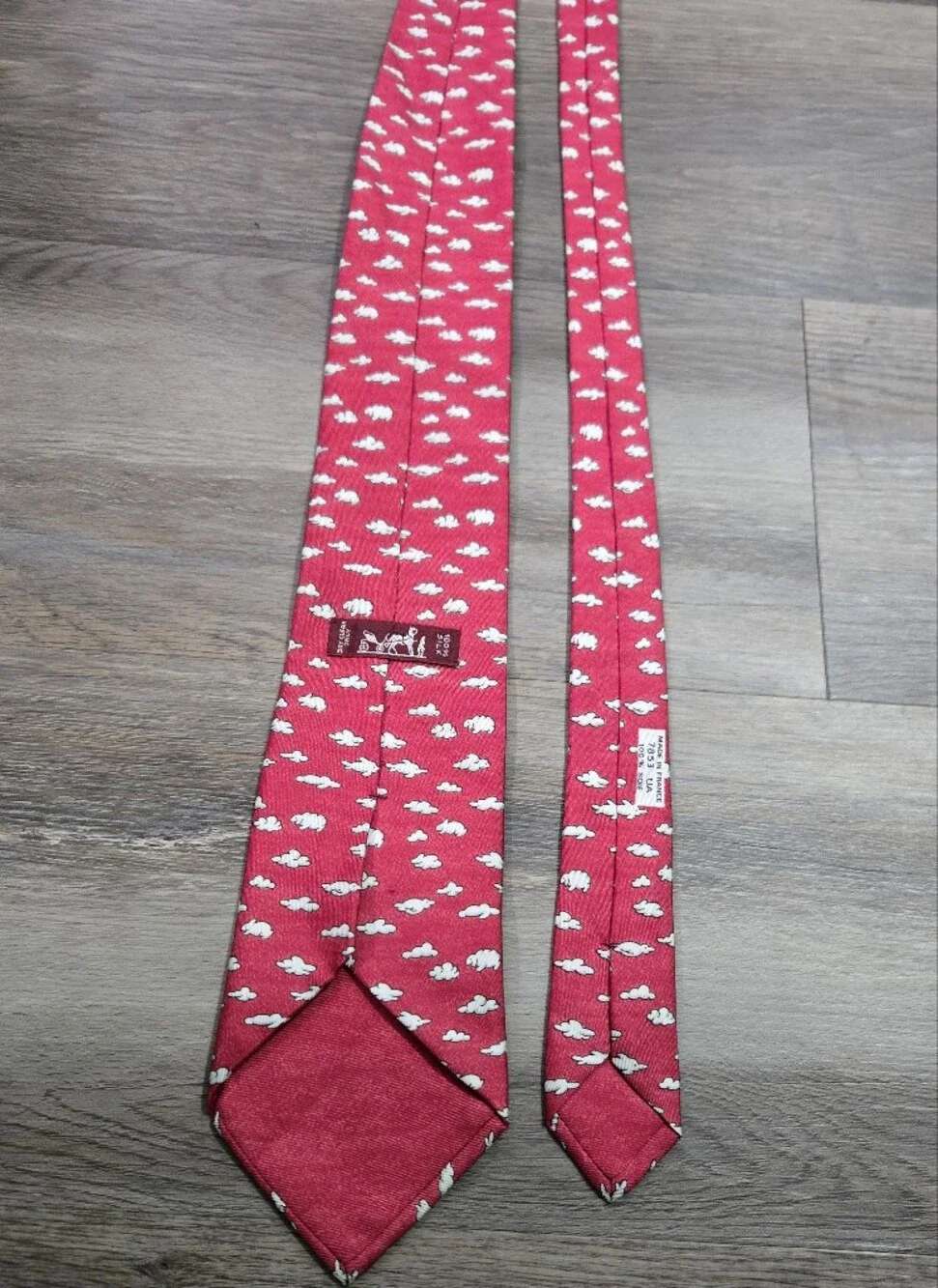 Vintage Hermes Paris Red Silk Necktie Cloud Bunny Rabbit Pattern France 7853 UA